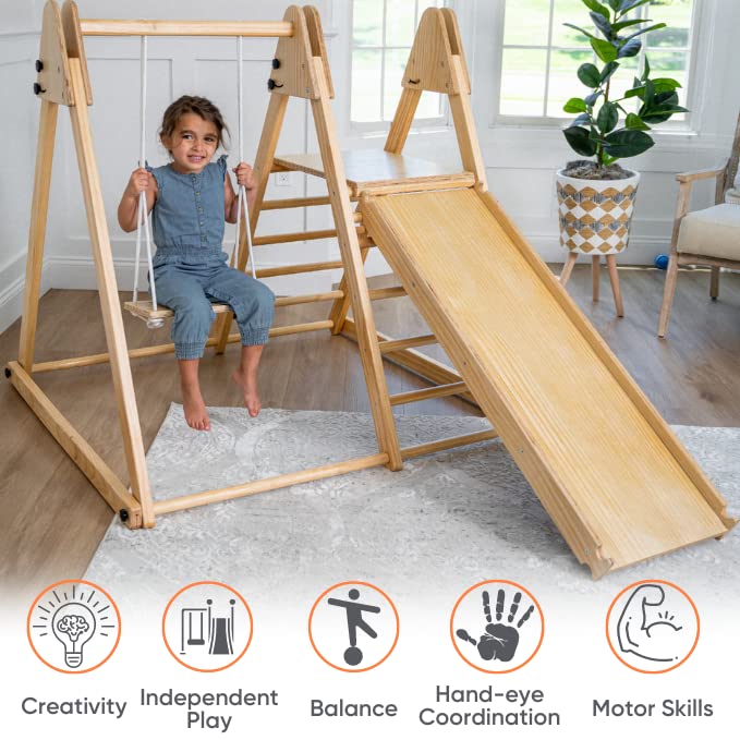 Avenlur 4-in-1 Juniper Indoor Play Gym - Jungle Gym Playset with Baby Swing, Slide, Ladder, and Climbing Wall - Foldable Wooden Playset - Indoor Jungle Gym for Kids Ages 18mo to 6yrs Avenlur