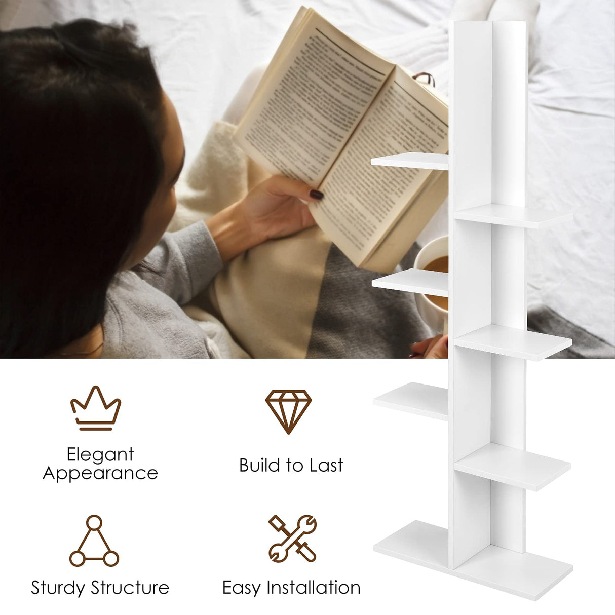 Giantex Tree Bookshelf, 7-Tier Tall Freestanding Wood Bookshelf with Anti-toppling, Modern Multipurpose Display Storage Rack Organizer Corner Shelf for Books, Photos, White Giantex