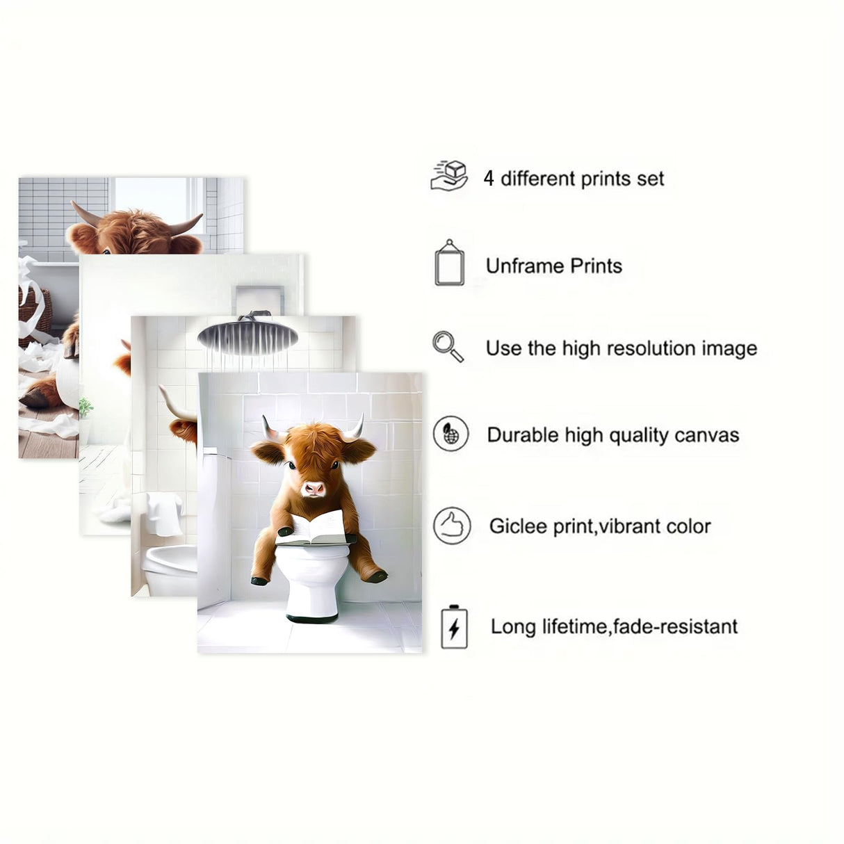 TWNSLLA Highland Cow Funny Bathroom Decor Wall Art,Bathroom Highland Cow Art Prints,Rustic Farmhouse Bathroom Wall Decor,Funny Bathroom Signs Animal Canvas Wall Art,UNFRAMED,8x10inchx4pcs TWNSLLA