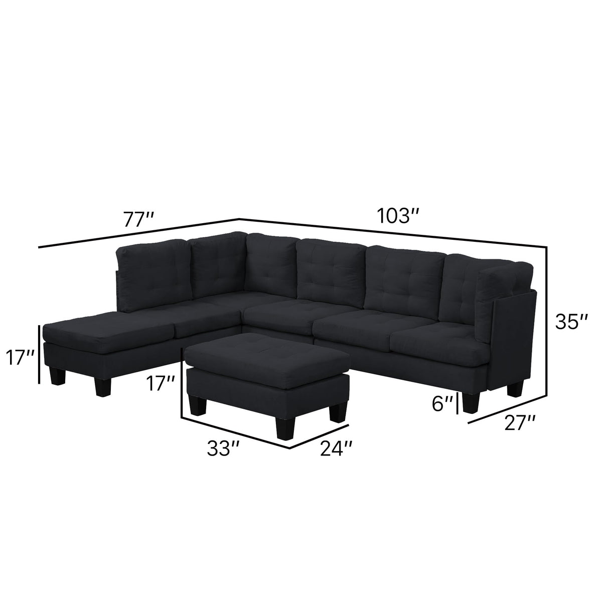 Casa Andrea Milano Modern Sectional Sofa L Shaped Couch with Reversible Chaise & Ottoman, Large Living Room Furniture, Black Casa Andrea Milano