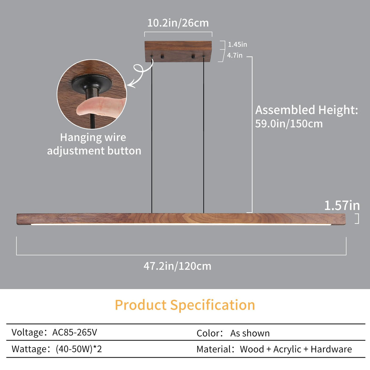 Mikeru Linear Chandelier, 47" Modern Chandelier Walnut LED Dimmable 3000k-6000k Wood LED Pendant Light, Hanging Light Fixture for Restaurant Bar Office Living Room Mikeru