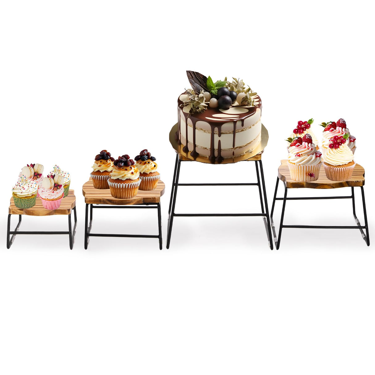 ZENFUN 4 Piece Wood Buffet Risers, Dessert Table Risers Food Display Riser, Pizza Pan Riser, Cupcake Stand & Wood Display Risers, Nesting Food Platter and Plate Holder ZENFUN