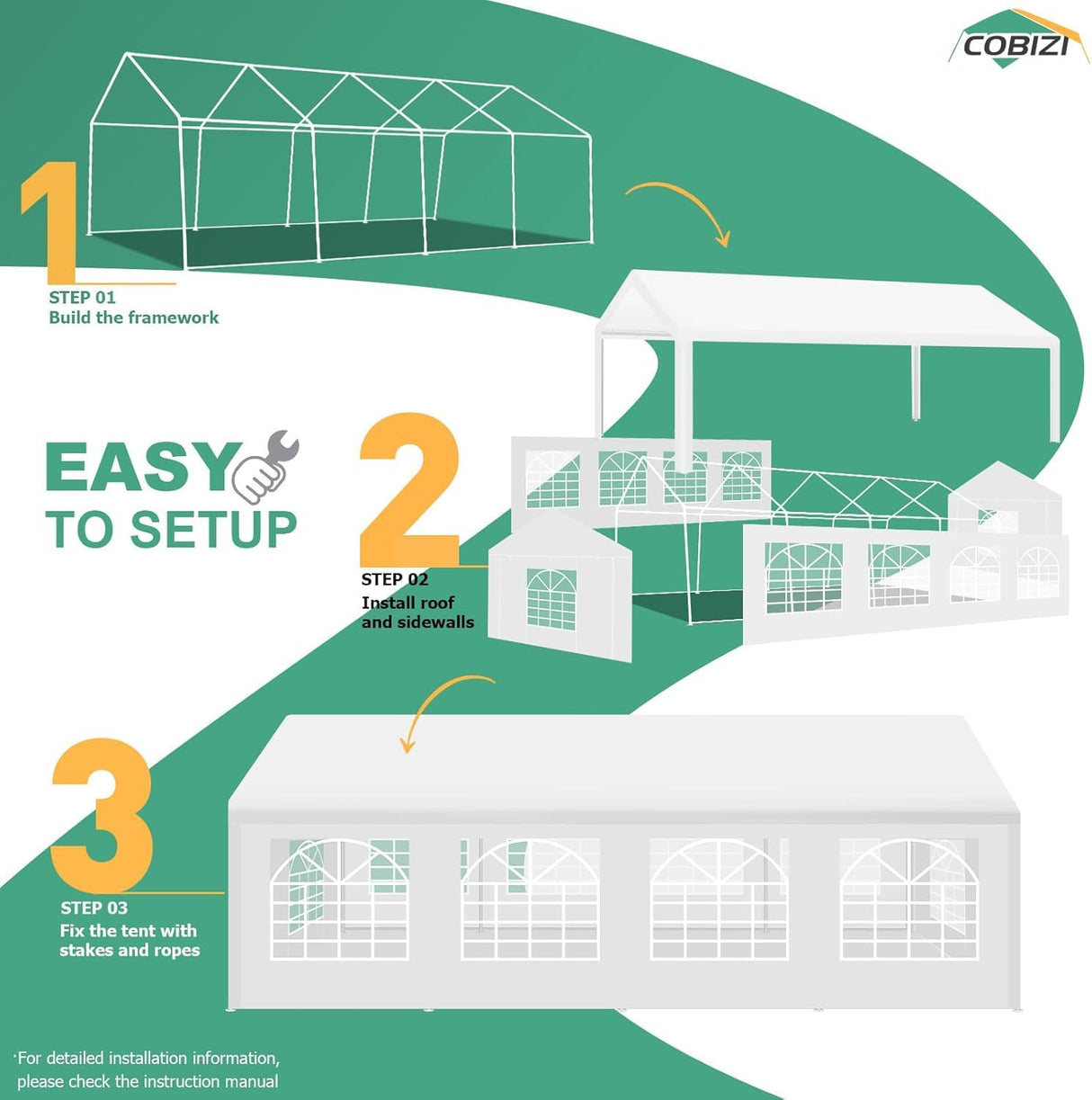 COBIZI 13x26 Party Tent Heavy Duty, Galvanized Wedding Tent, Event Shelter Tent for Parties, Large Outdoor Gazebo with Removable Sidewall & Built-in Sandbag, Carpas para Fiestas, Waterproof, White COBIZI