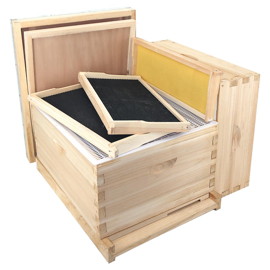 POLLIBEE Beehive 10-Frame Bee Hives and Supplies Starter Kit, Honey Bee Hives Includes 1 Deep Bee Box 1 Medium Bee Hive Box with Beehive Frames and Beeswax Coated Foundation Sheet POLLIBEE