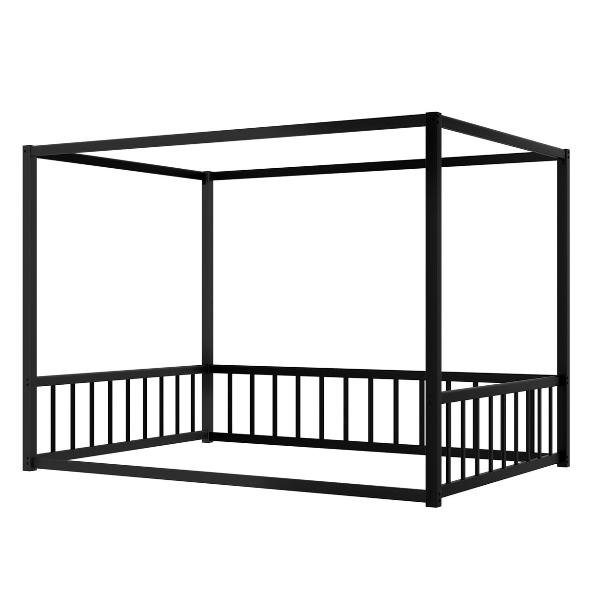 Canopy Floor Bed for Kids – Queen Size, Matte-Black Steel Frame with Safety Fence, Unisex Design for Boys & Girls, Box Spring Required, Quick Assembly (Queen) Lyngins