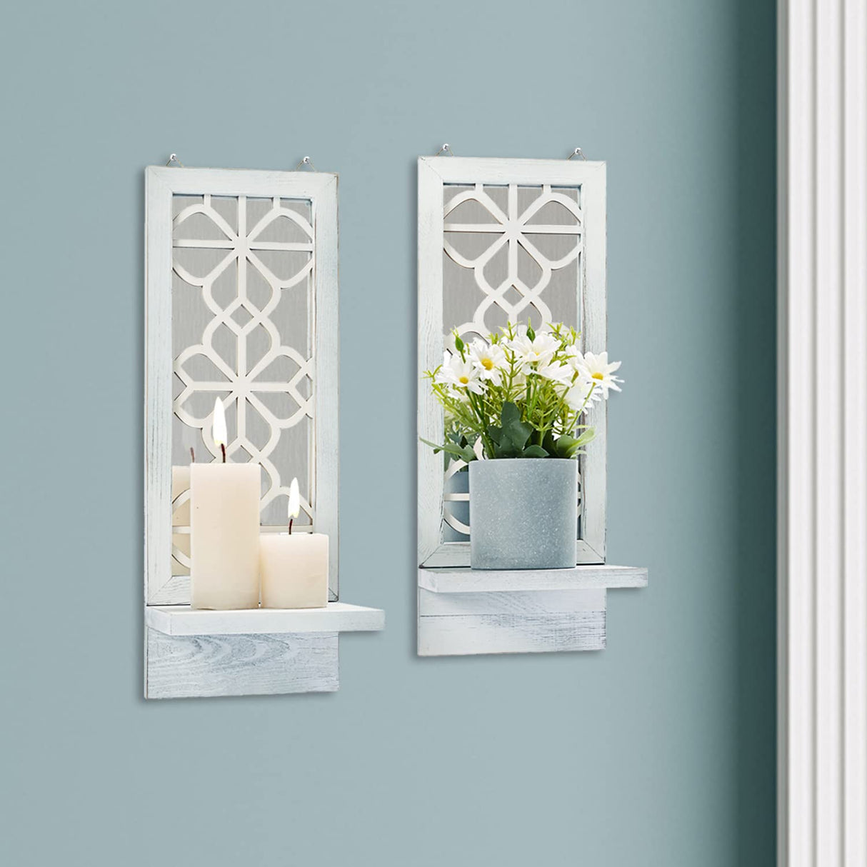 Yorkmills Candle Sconces Wall Decor Set of 2, Wall Candle Holder Rustic Home Decor, Farmhouse Wall Art Floating Mirror Sconces White Wall Decorations for Living Room, Dining Room, Bedroom, Bathroom Yorkmills