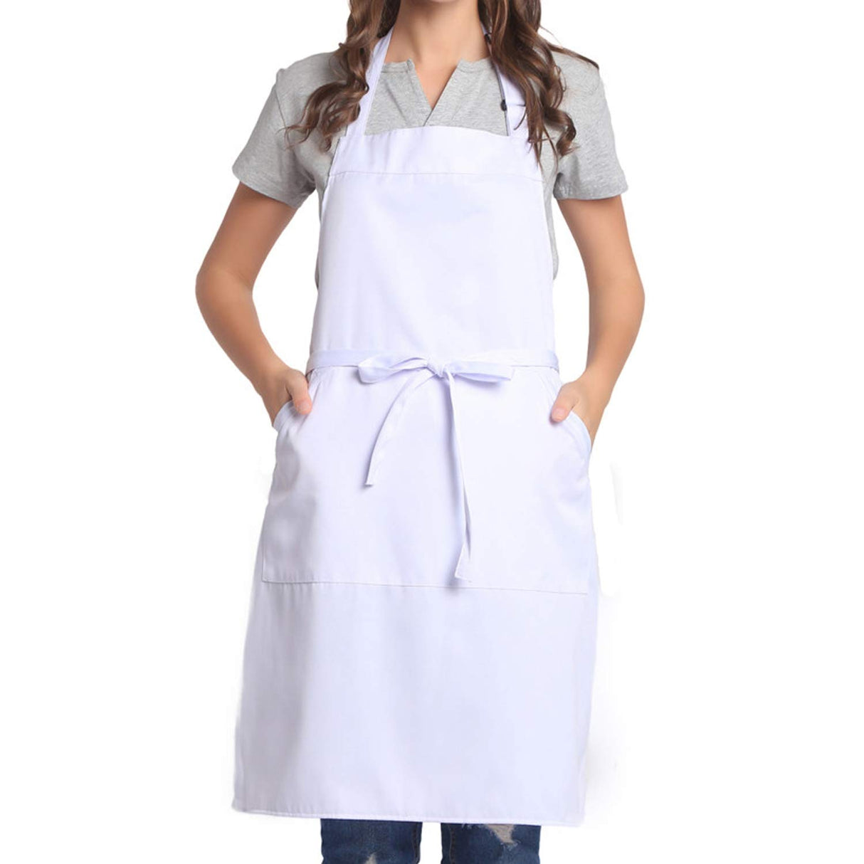 BIGHAS Adjustable Bib Apron with Pocket Extra Long Ties for Women Men, 18 Colors, Chef, Kitchen, Home, Restaurant, Cafe, Cooking, Baking (White) BIGHAS