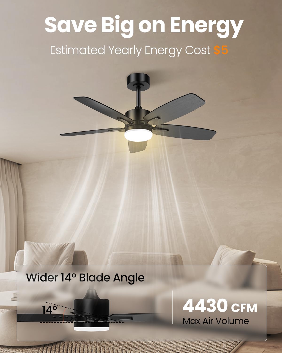 Hisummer 42 Inch Ceiling Fan with Light and Remote, Small Modern Black Ceiling Fans, 5-Blade Indoor/Outdoor Farmhouse Ceiling Fan with Lights for Bedroom, Living Room, Patio Hisummer