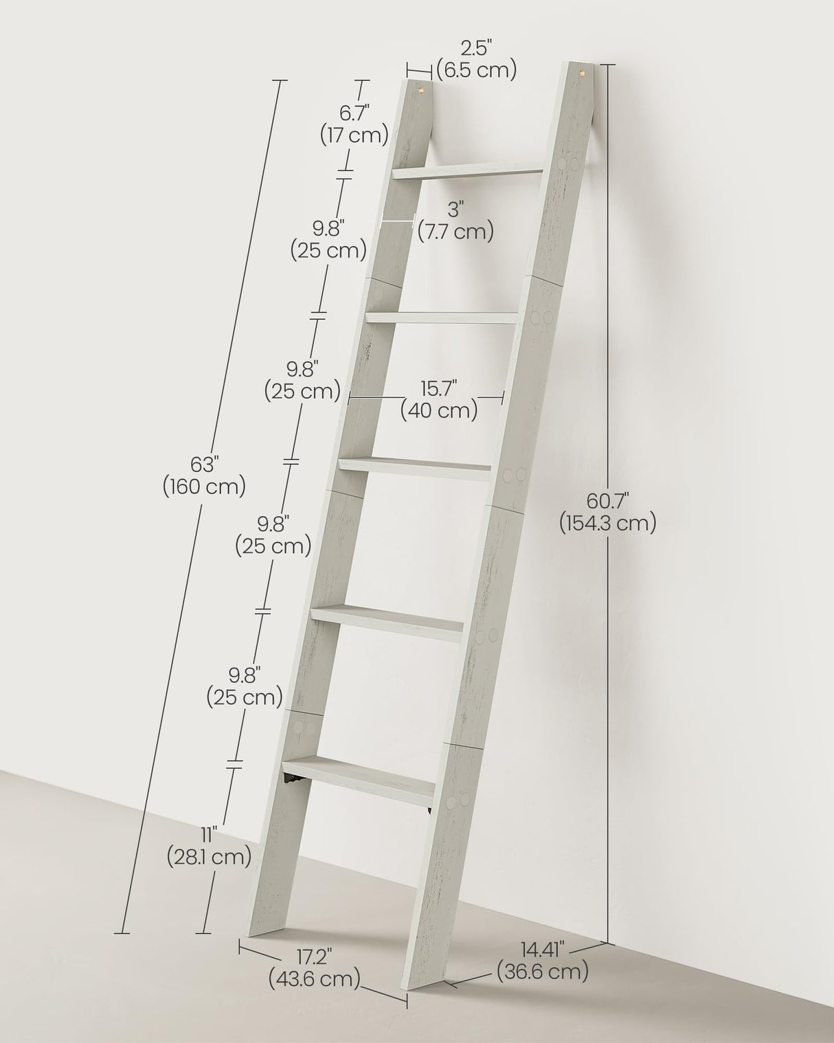 VASAGLE Blanket Ladder Decorative Farmhouse for The Living Room, 5-Tier Ladder Shelf, Ladder Rack for Storage and Decor, Rustic White ULLS018W73 VASAGLE