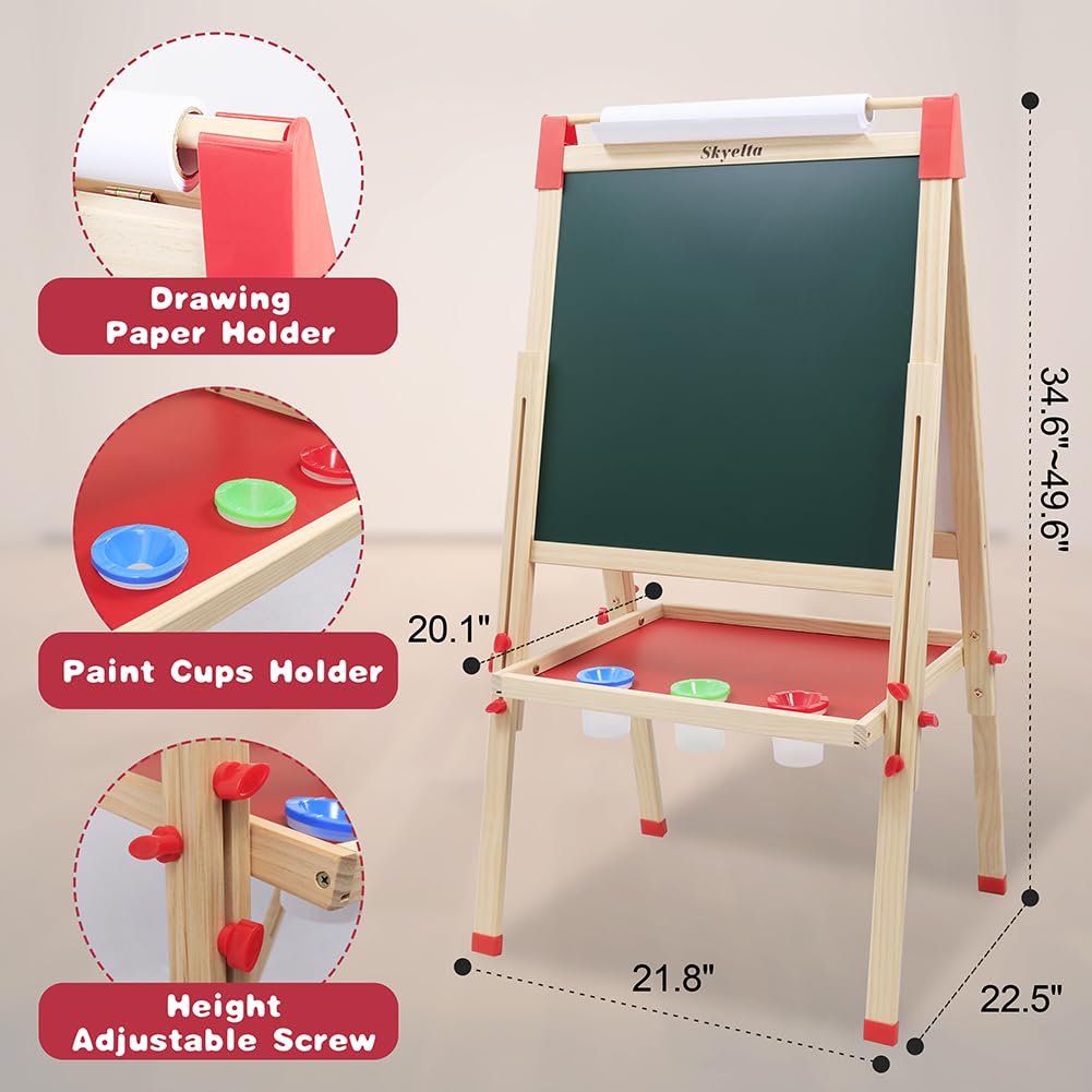 Skyelta Art Easel for Kids Ages 2-4 4-8 9-12,Double Sided Wooden Kids Easel Drawing Board with Magnetic Chalkboard,3-Level Height Adjustable,100+ Accessories,Gift & Art Supplies for Kids Skyelta