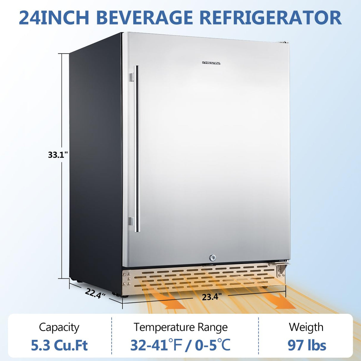 Phiestina 24 inch Indoor/Outdoor Beverage Refrigerator 175 Cans Built-in/Freestanding Beverage Fridge Cooler Lockable Stainless Steel Door Auto Defrost Quiet For Home/Commercial,6 Removable Shelves Phiestina