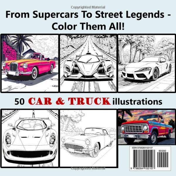 Cars Coloring Book: 50 Unique Illustrations of Cool Cars, Trucks, and Motorcycles for Kids and Adults Who Love Vehicles WoodArtSupply