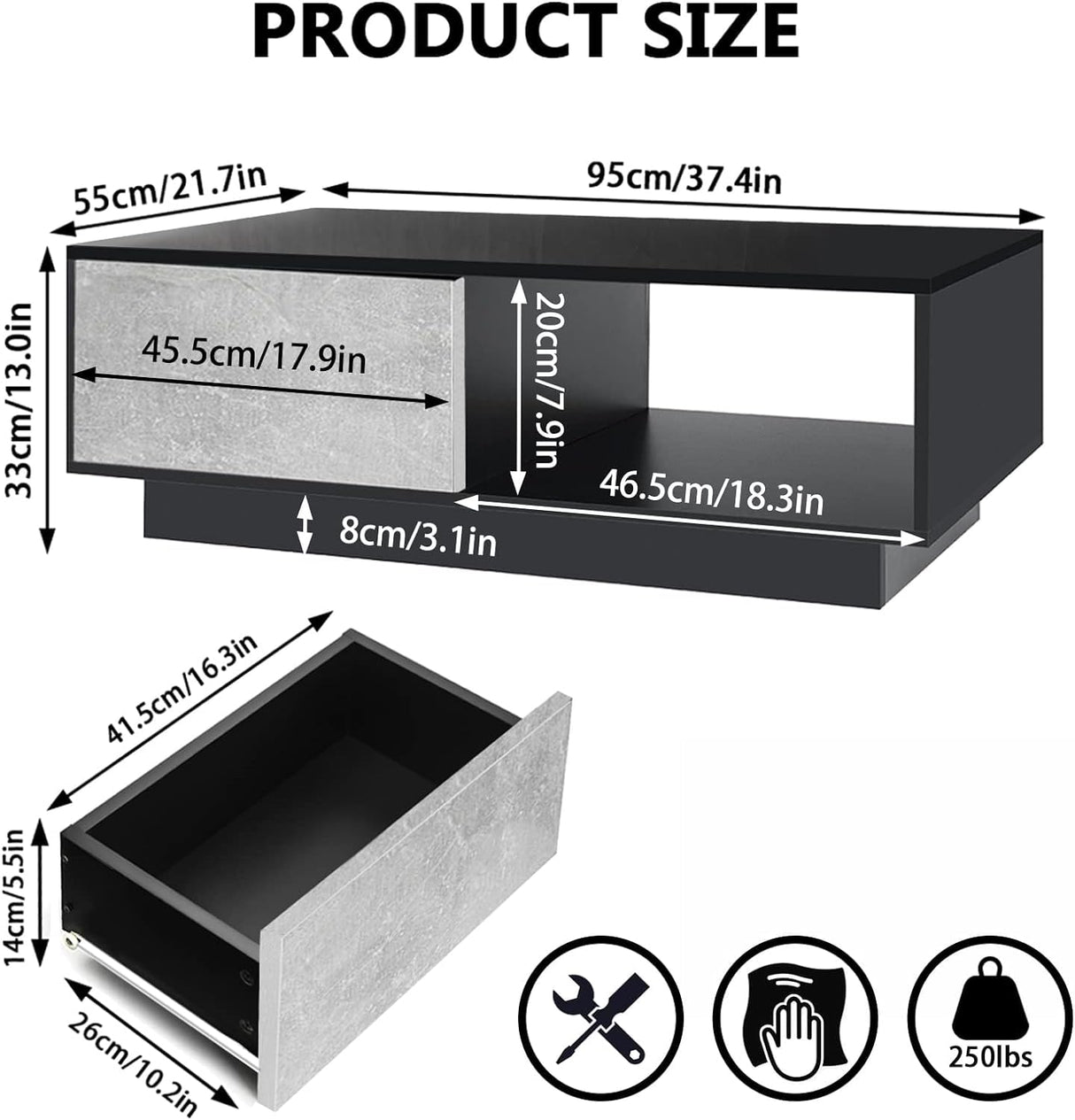 HOMMPA Led Coffee Table for Living Room Grey Black Coffee Table with LED Lights Low Profile Center Table with High Gloss Cocktail Table with Led Lights for Small Place 13" Tall HOMMPA