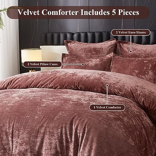 Ivellow Crushed Velvet Comforter Set King, Lightweight Comforter Set, 5pcs Ultra Soft Breathable Pink Comforter Set, Luxury Cozy Flannel Comforter King Size (1 Comforter,2 Pillow Shams, 2 Euro Shams) Ivellow