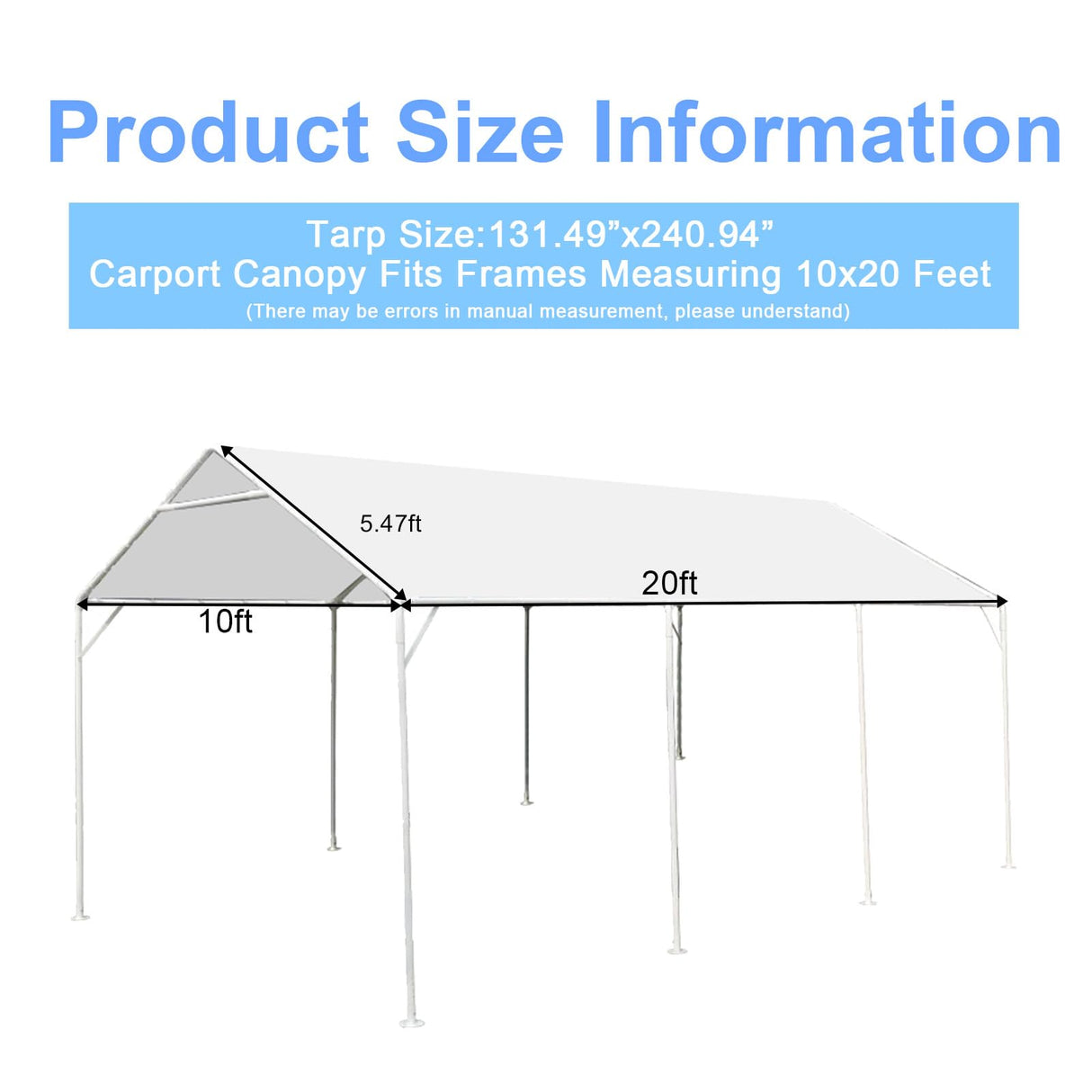 HFYZZ 10 x 20 Ft Heavy Duty Carport Replacement Canopy Waterproof UV Protected Garage Top Shelter Tarp Tent Cover with 44 Ball Bungees Cords, Only Top Cover, White HFYZZ