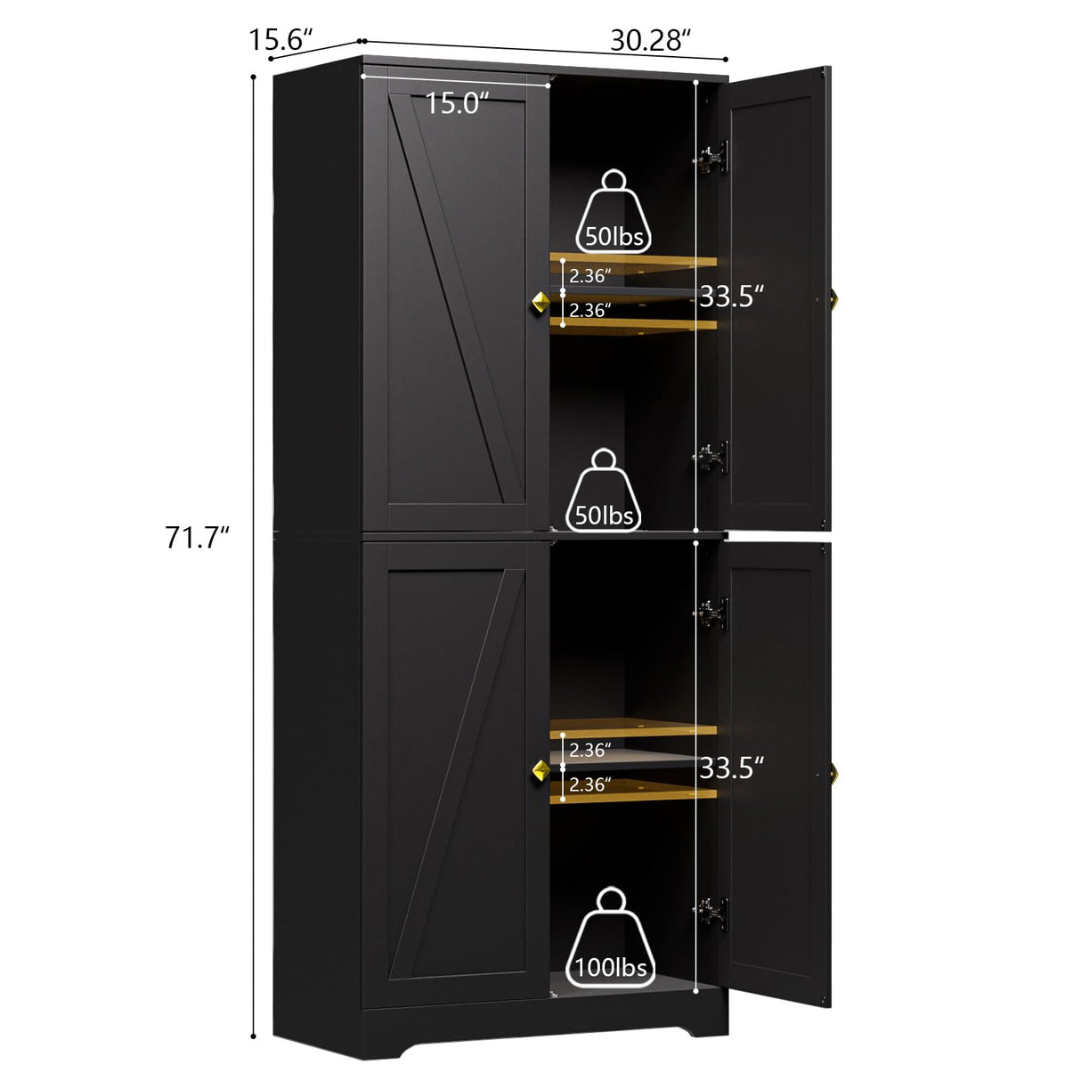 LYNSOM Farmhouse Pantry Cabinet, Kitchen Pantry Storage Cabinet with Barn Doors, 72" Tall Kitchen Pantry with Adjustable Shelves, Black Storage Cabinet for Kitchen, Dining Room, Black LYNSOM