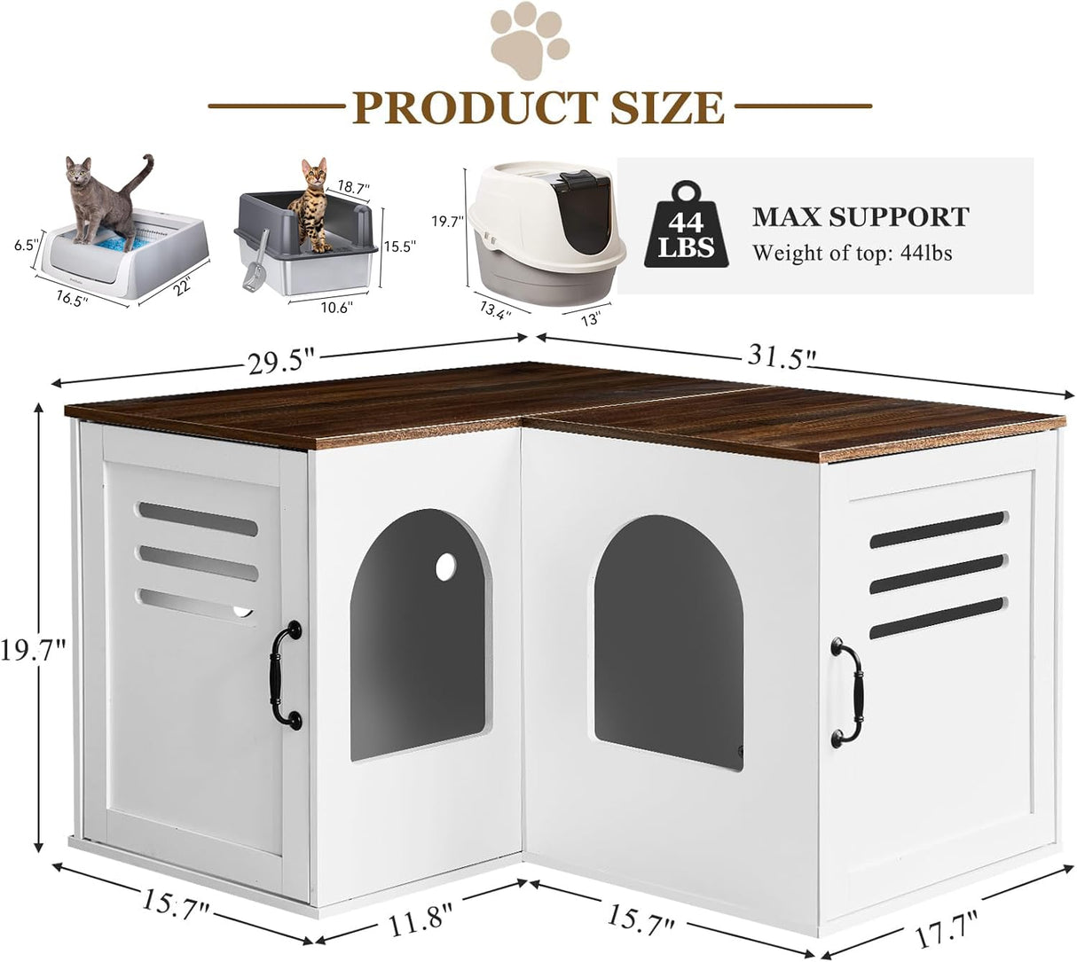 Corner Litter Box Enclosure for 2 Cats, Hidden Litter Box Furniture, Litter Box Cabinet with Double Room, Indoor Cat House End Table, 31.5 x 17.7 x 19.7 in, White JanflyHome