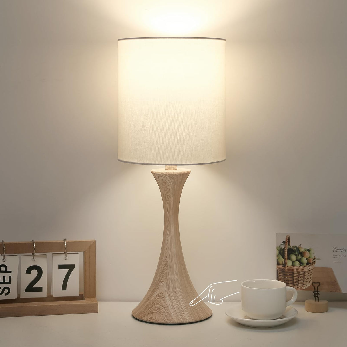 Bedside Touch Lamp, 3 Way Dimmable Touch Control Table Lamp, Wood Grain Farmhouse Table Lamp, Modern Nightstand Lamp with White Shade for Bedroom, Dorm, Office, 3000K LED Bulb Included Seaside village