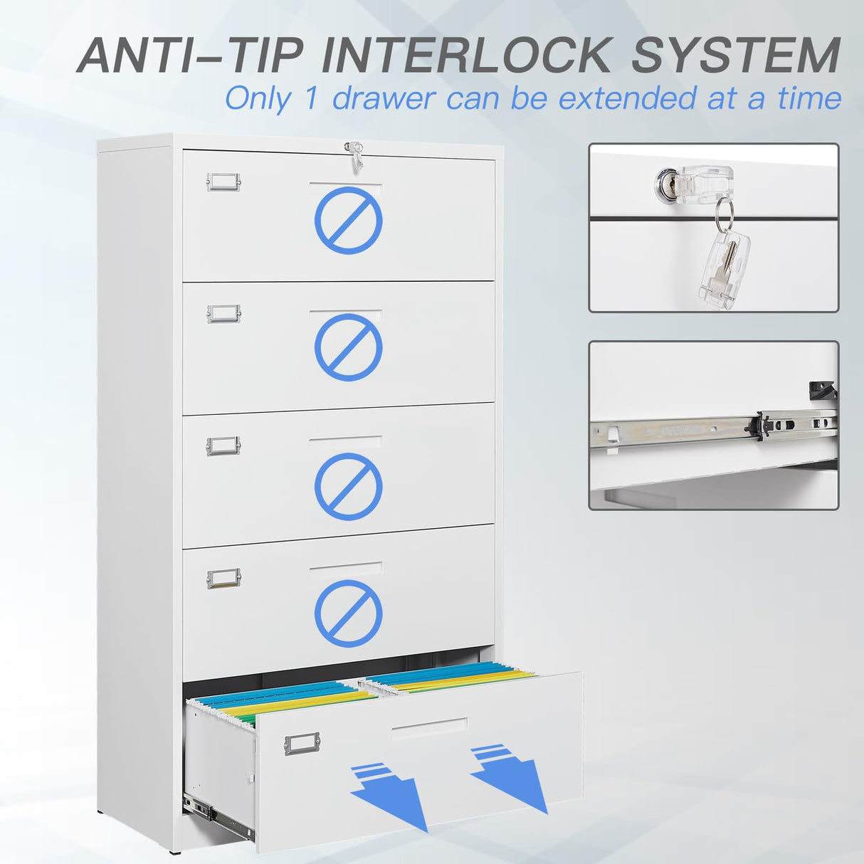 Yizosh 5-Drawer Metal Locking File Cabinet in White - Organiser for Home or Office Yizosh