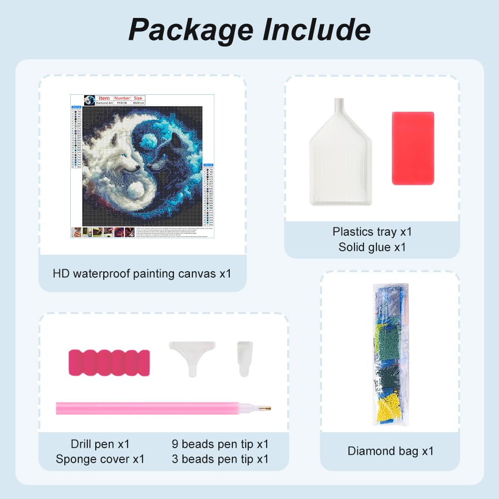 FHBUBPUP Wolf Diamond Painting Kits for Adults, Tai Chi Wolf Diamond Art Kits for Beginners, 5D DIY Full Drill Round Diamond Dot Gem Art, Craft Gift Suitable for Home Wall Decoration 12×12Inch FHBUBPUP