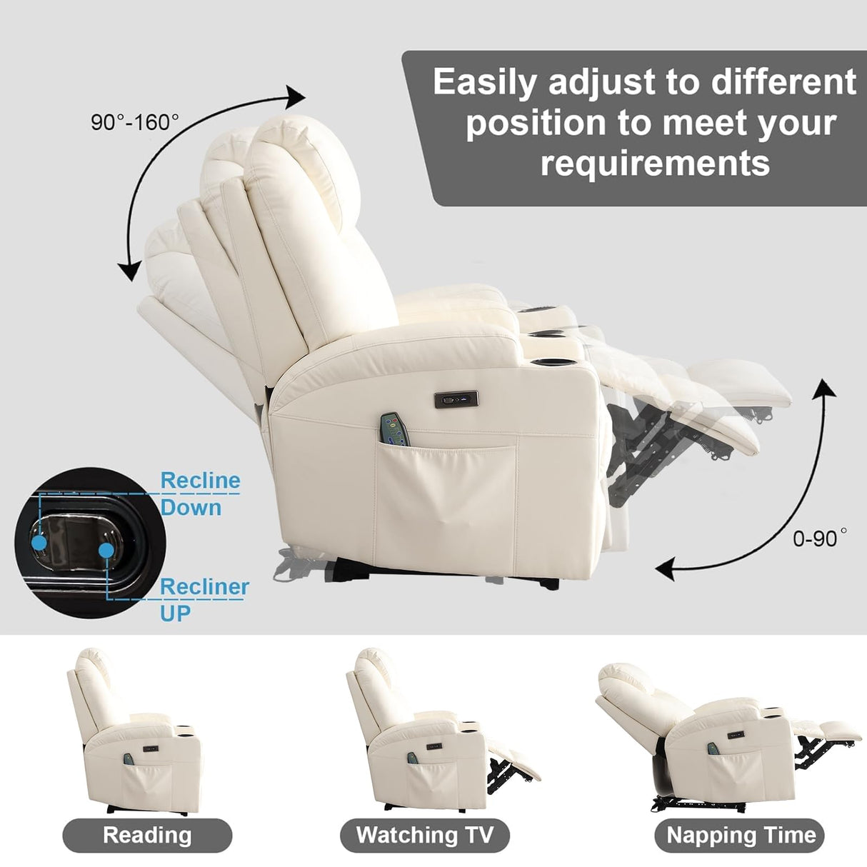 IBTKIG Power Recliner Chair with Heat and Massage, PU Leather Home Theater Seating w/LED Lights/Cup Holders/Side Pocket/USB Port, Lazy Boy Reclining Sofa Chair for Living Room (3, White) IBTKIG