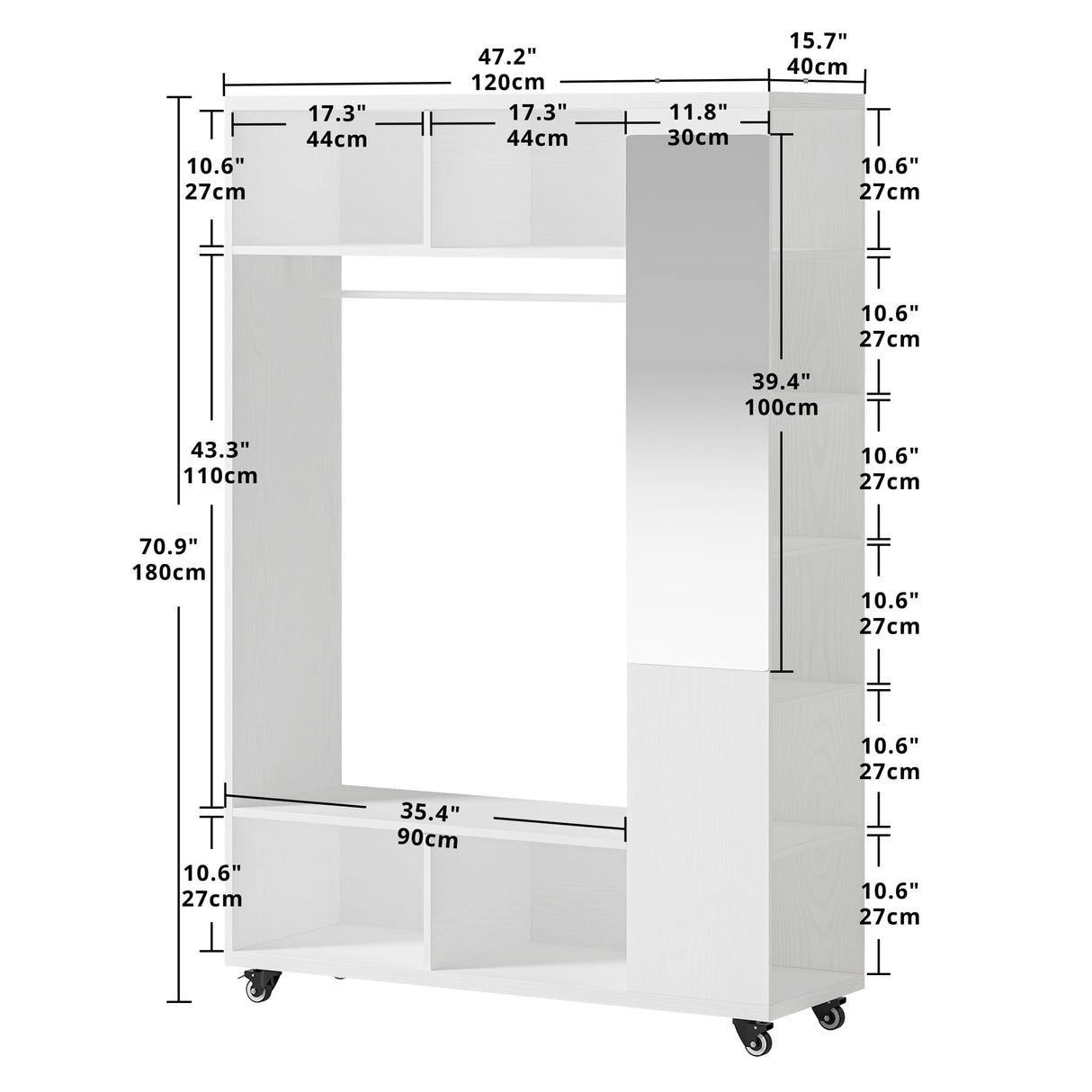 IRONCK Closet Racks on Wheels with Mirror and 10 Shelves, Portable Freestanding Wooden Closet Garment Rack with Hang Rod, White IRONCK
