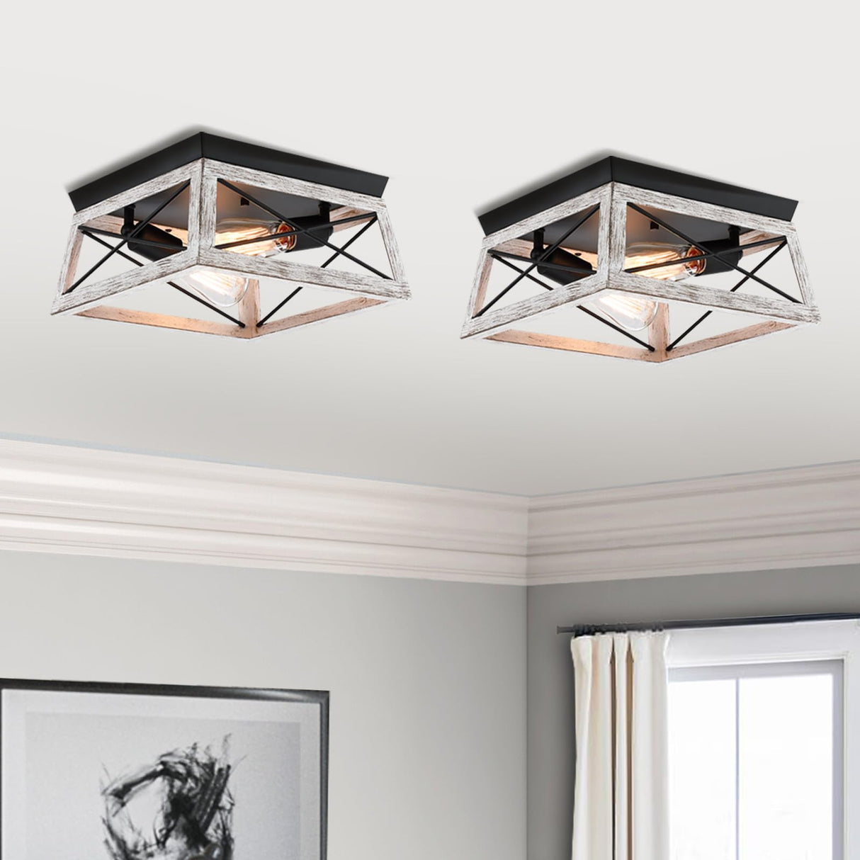 2-Bulb Black and Wood Flush Mount Ceiling Light with White Wood Grain Finish Rustic Vintage Ceiling Light for Closet Dinning Room Bedroom Faux Wood Farmhouse Ceiling Mount Light Fixture Faymart lighting