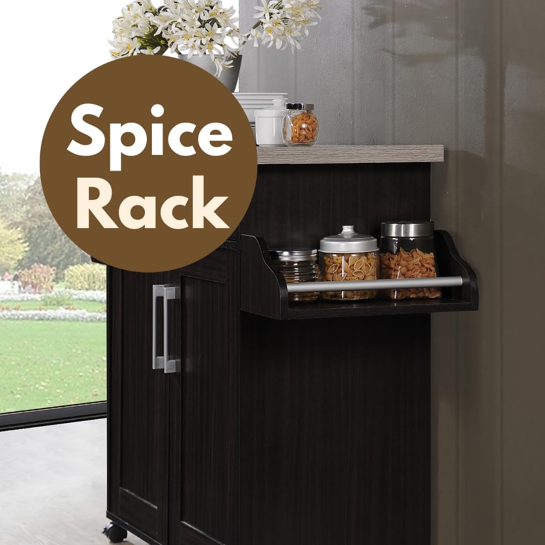 Hodedah Rolling Wood Kitchen Island Cart with Spice Rack, Towel Rack, Utensil Drawer plus Cabinet, White with Beech Top Hodedah