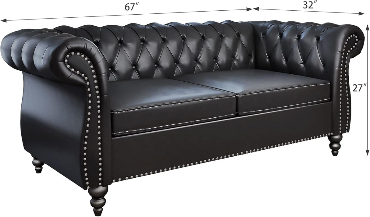 RUSTYER Chesterfield Loveseat Sofa, Modern Leather Small Sofa Couch 2 Seater with Rolled Arms and Nailhead, Mid Century Modern Loveseat Couch for Small Spaces Living Room Bedroom Apartment, Black RUSTYER