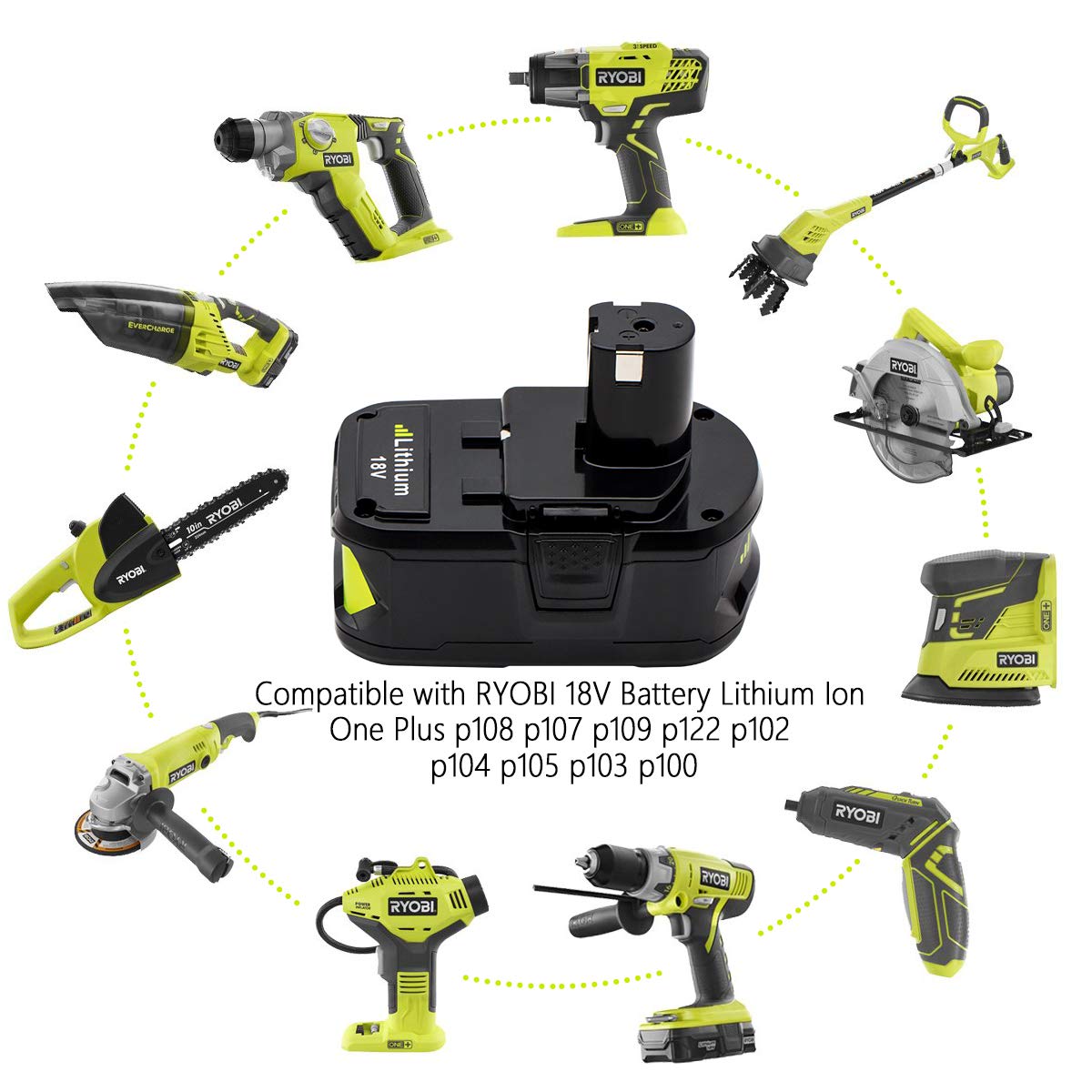 KINGTIANLE 1pack 6.0Ah 18V Replacement Battery for Ryobi 18V Lithium Battery P102 P103 P105 P107 P108 P109 Ryobi ONE+ Cordless Tool KINGTIANLE