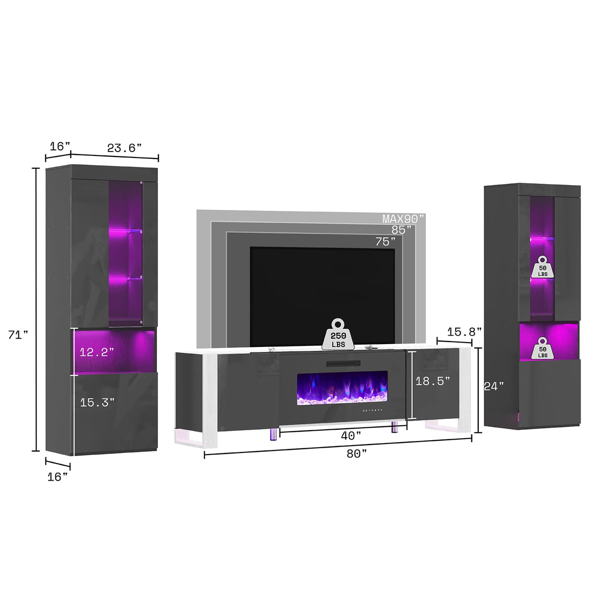 AMERLIFE 80" Modern TV Stand with Electric Fireplace & 2 LED Bookcases - Black Entertainment Centre for TVs Up to 90" AMERLIFE