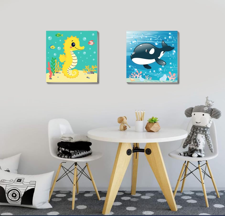 Canrichshop 4 Pack Framed Paint by Numbers Kit for Kids 8-12,Easy Kids Paint by Number Beginner,Cute Sea Animals Painting Kits for Ages 4-6,DIY Acrylic Oil Painting Kid for Wall Decor 8X8in Canrichshop