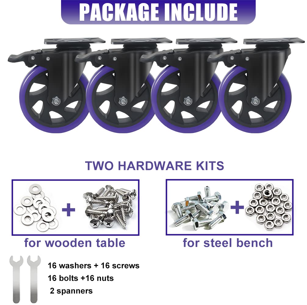 5 Inch Caster Wheels with Brake, Heavy Duty Casters Set of 4 2200lbs, Swivel Casters with Double Ball Bearings, Dual Locking Casters,Wheels for Cart,Furniture,Cabinets,Workbench (Two Hardware Kits Wieyunn