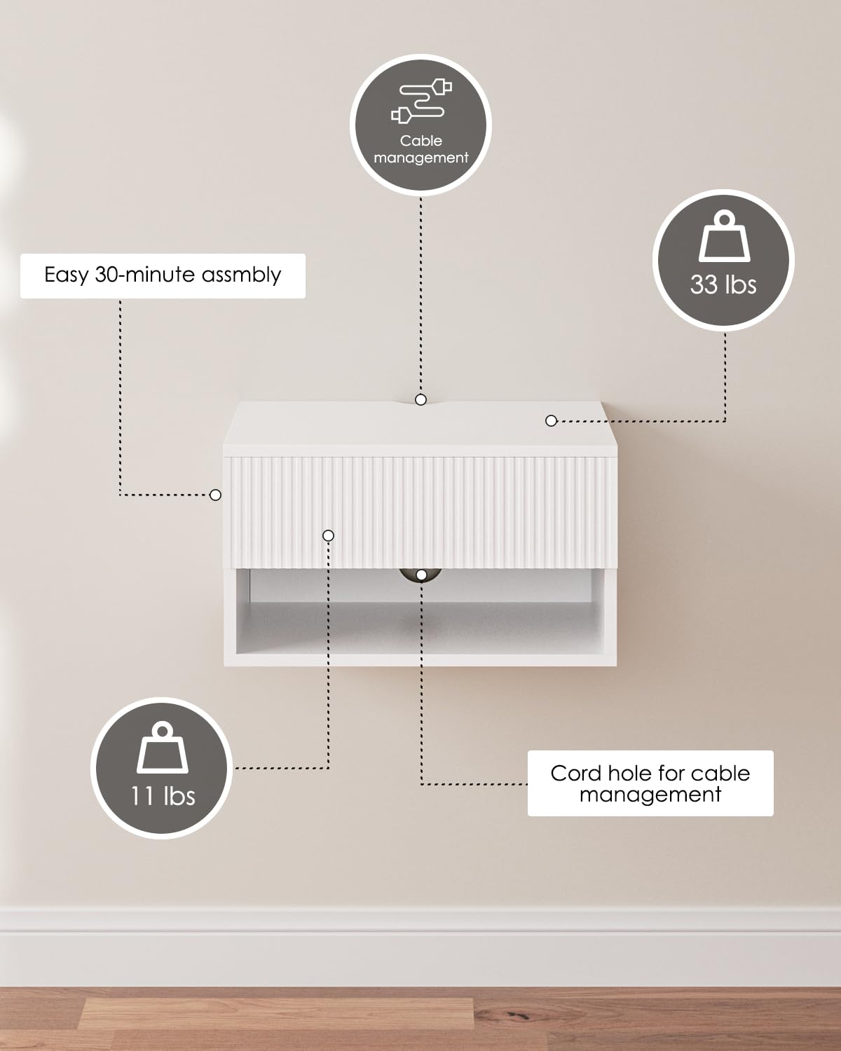 Aienvey Floating Nightstand, Small Modern Floating Nightstand with Drawer, Floating Shelves for Bedroom, Bathroom, White Stripe Aienvey
