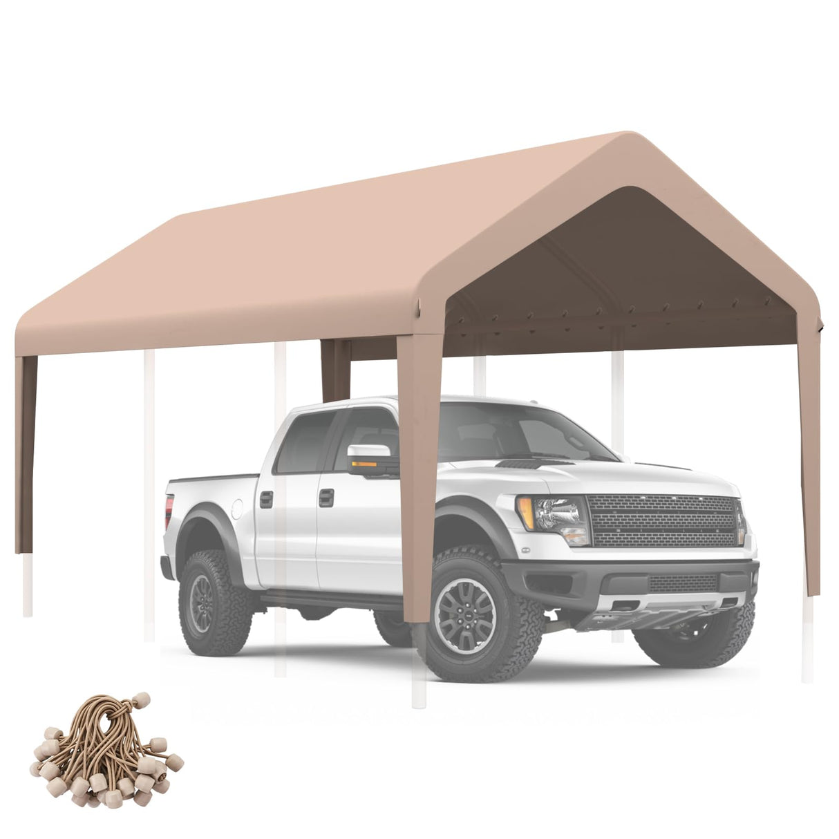 Carport Canopy 10'x20' Heavy Duty Replacement Cover, Garage Shelter Cover 800D Oxford Waterproof & UV Protected Tarp with Ball Bungees, Not Include Frame, Beige KAHLHAK