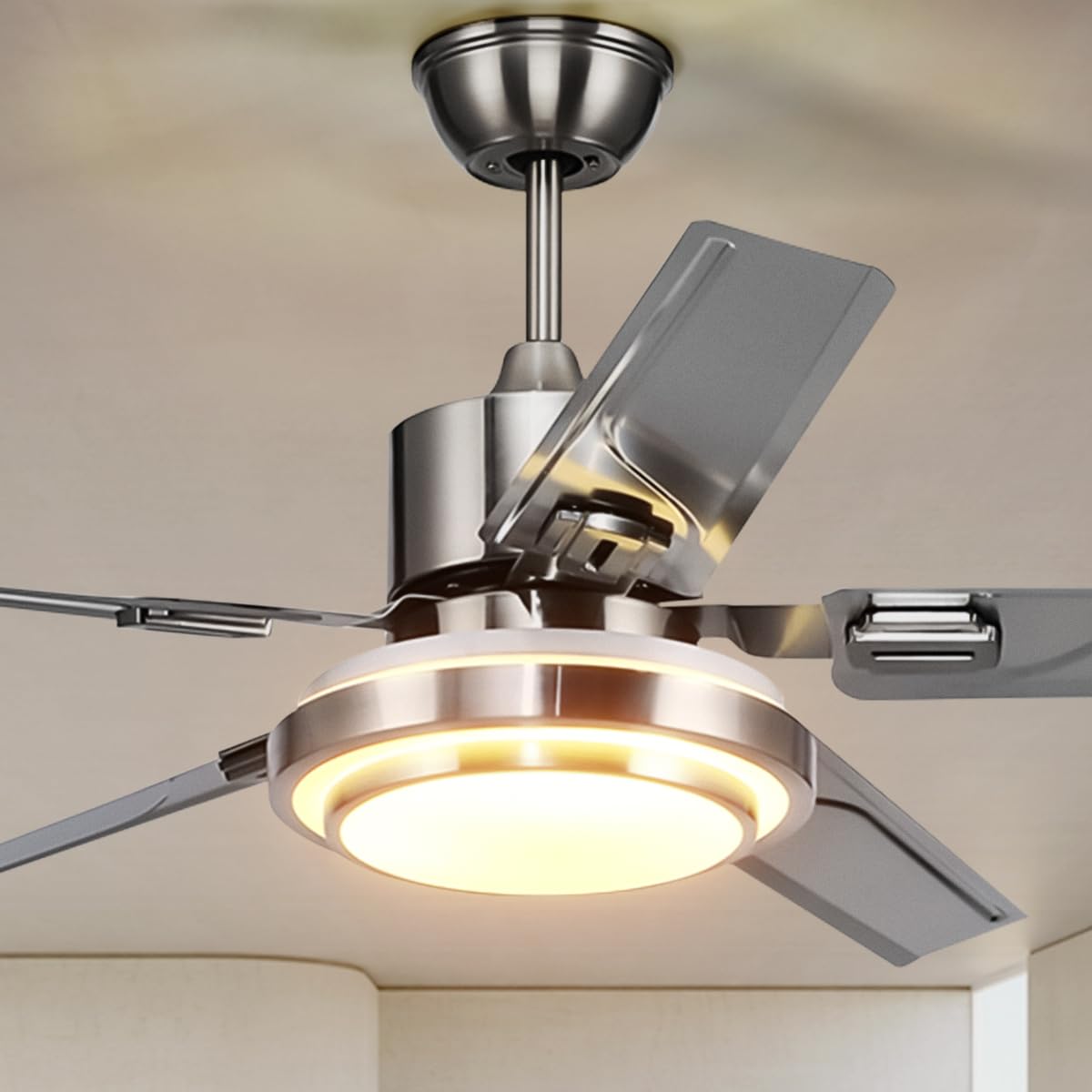 Fandian 48" Modern Ceiling Fans with Lights Remote Control Reversible Fan, Stainless Steel Blades, 3 speeds and 3 Color Changes Lighting Fixture with LED Board for Bedroom Living Room Fandian