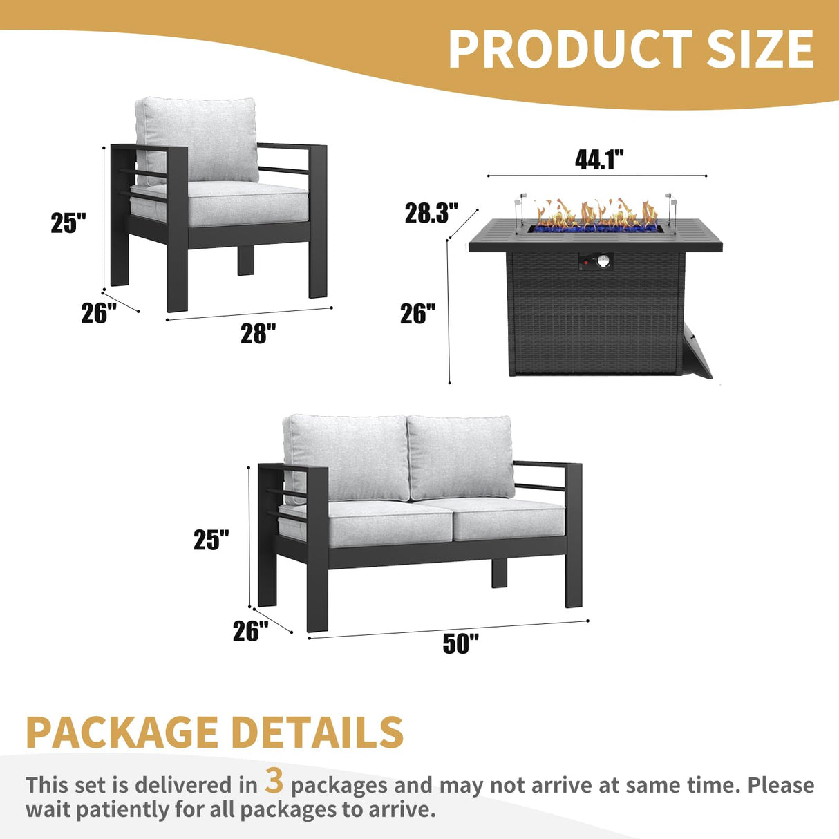 LayinSun Aluminum Furniture Set with Fire Pit Table, 4 Pieces Patio Sectional Conversation Chat Sofa Modern Seating Set LayinSun