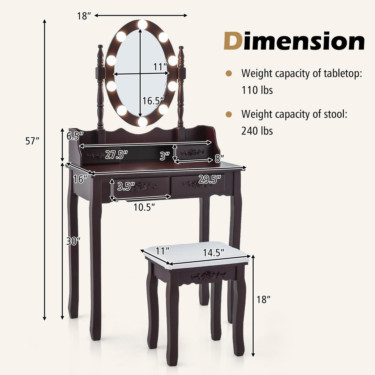 GOFLAME Vanity Table Set with Lighted Rotatable Mirror, Dressing Table with 3-Color Lights & Adjustable Brightness, Makeup Desk with Cushioned Stool for Dressing Room, Bedroom (Brown) GOFLAME