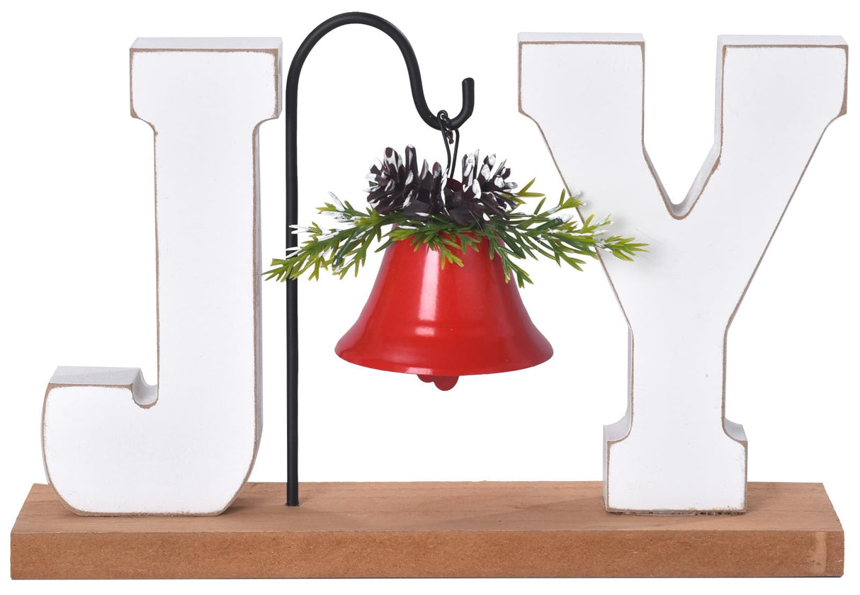 Christmas Wooden Joy Decoration, Wood Craft Sign with Bell, Table Ornament Rustic Tabletop Farmhouse Centerpiece Decorative Block Decor for Xmas Indoor Holiday Home Table Shelf Winter Party (Red Bell) GHOSTMAGIC