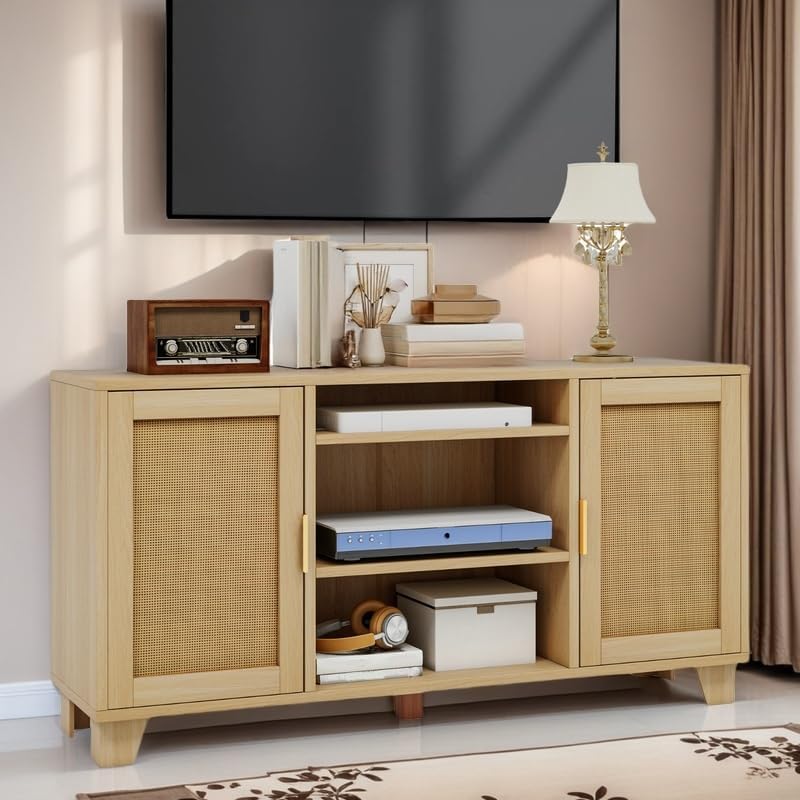 YITAHOME TV Stand for 65 Inch TVs, Boho Entertainment Center with Rattan Doors, Storage Cabinets and Adjustable Shelves, Long Boho Media Console for Living Room YITAHOME