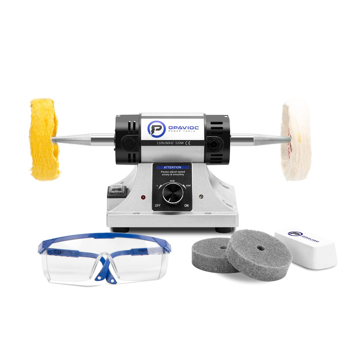 OPAVIOC Jewelry Polisher - Adjustable Variable Speed Bench Grinder Polishing & Buffing Machine, Dental Buffer & Lathe - Includes 2 Cotton Buffs, 2 Abrasive Fiber Wheels, Safety Glass, Polish Compound OPAVIOC
