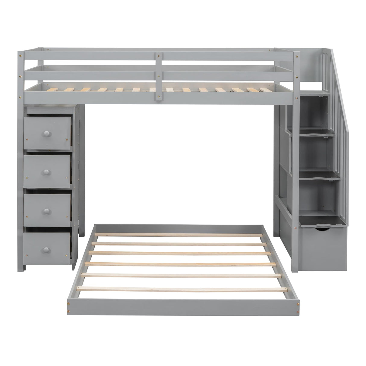 Twin Over Full Bunk Beds with Stairs and Storage, Wood L-Shape Bunk Bed Frame with 4 Drawers and 3-layer Shelves, Bottom Bed Can Movable, Twin Loft Bed for Kids Teens Adults (Grey) Harper & Bright Designs