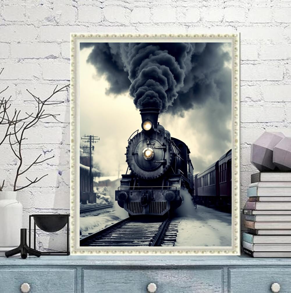 pigpigboss Retro Train Diamond Painting Art Kits, 5D Full Drill Train Diamond Embroidery Arts Crafts for Adult Beginner Home Wall Office Decor (11.8 x 15.7 inches) pigpigboss