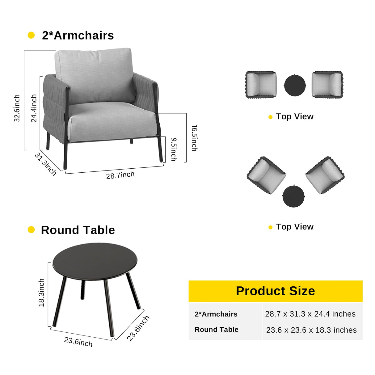 EAST OAK Life Chatter 3-Piece Patio Bistro Set, 2 Armchairs with Thick Cushion & Coffee Table,Deep Seating Patio Furniture for Garden Porch Balcony, Earth Black & Misty Grey EAST OAK