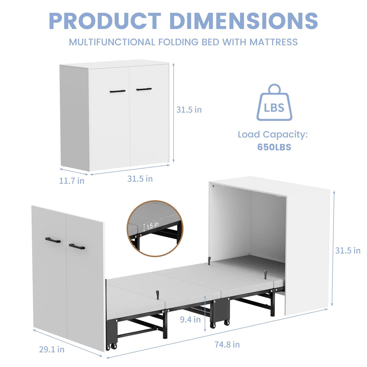 DoCred Murphy Bed - 2 in 1 Cabinet Bed, Folding Trundle Beds w/Mattresses for Adult, Roll Away Pull Out Murphy Chest Daybed, Guest Beds for Apartment Small Room Office Nap, Cot Size: 75" x 29" DoCred