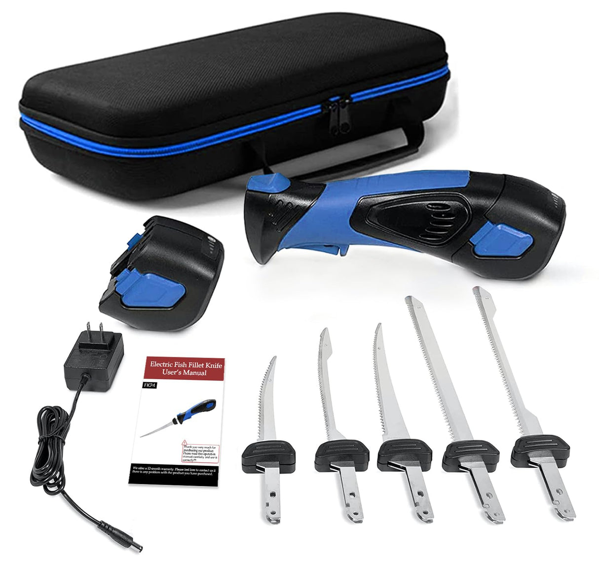 Pratuor Cordless Electric Fillet Knife - 5 Ti-Nitride Coated Non-Stick Blades, Ergonomic Non-Slip Grip Handle & Cooling Vent Stylish with Carry Bag,Perfect Electric Knife for Cutting Board Effortless Fishing (Blue) Pratuor