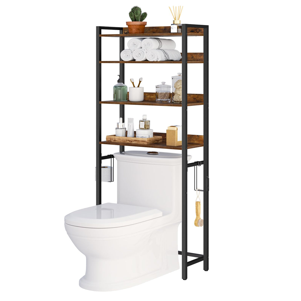 MAHANCRIS Rustic Brown 4-Tier Over The Toilet Storage Rack with Hooks - Versatile Bathroom Organizer MAHANCRIS