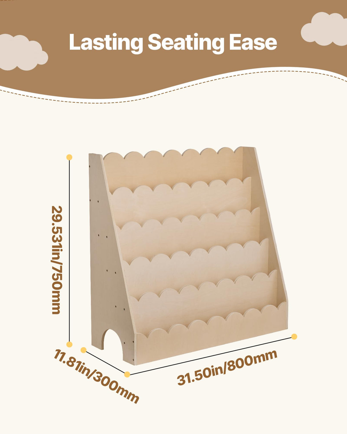 VEVOR 5-Tier Montessori Bookshelf, Scalloped Kids Bookcase, Wooden Book Shelf with 2 Dual Hooks, Daycare Furniture Display Bookshelf for Bedroom, Living Room, Entryway, Nursury, Preschool VEVOR