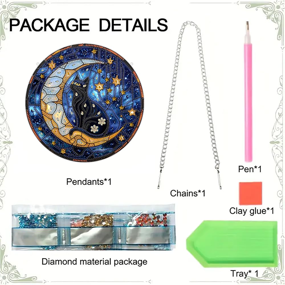 hyzsj DIY Hanging Diamond Art Pendant Painting Kit Cat,Acrylic 5D Moon Painting Window Pendants, Special Crystal Gem Craft Painting Kit Ornament hyzsj