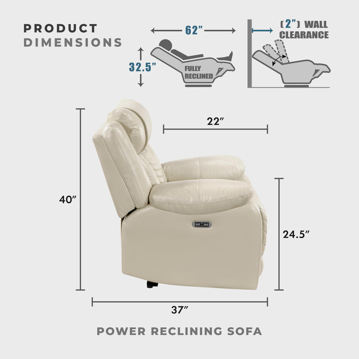 Lexicon Wall Hugger Power Double Reclining Sofa with Center Drop-Down Table, Faux Leather Home Theater Seating with LED Lighting/USB Charging Ports/Wireless Charger/Cup Holders, Magazine Pocket, Beige Lexicon